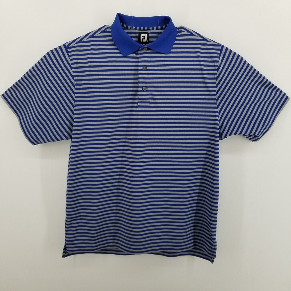 FJ FootJoy Men's Blue Gray Stripped Golf Polo Shirt Short Sleeve Size Large
